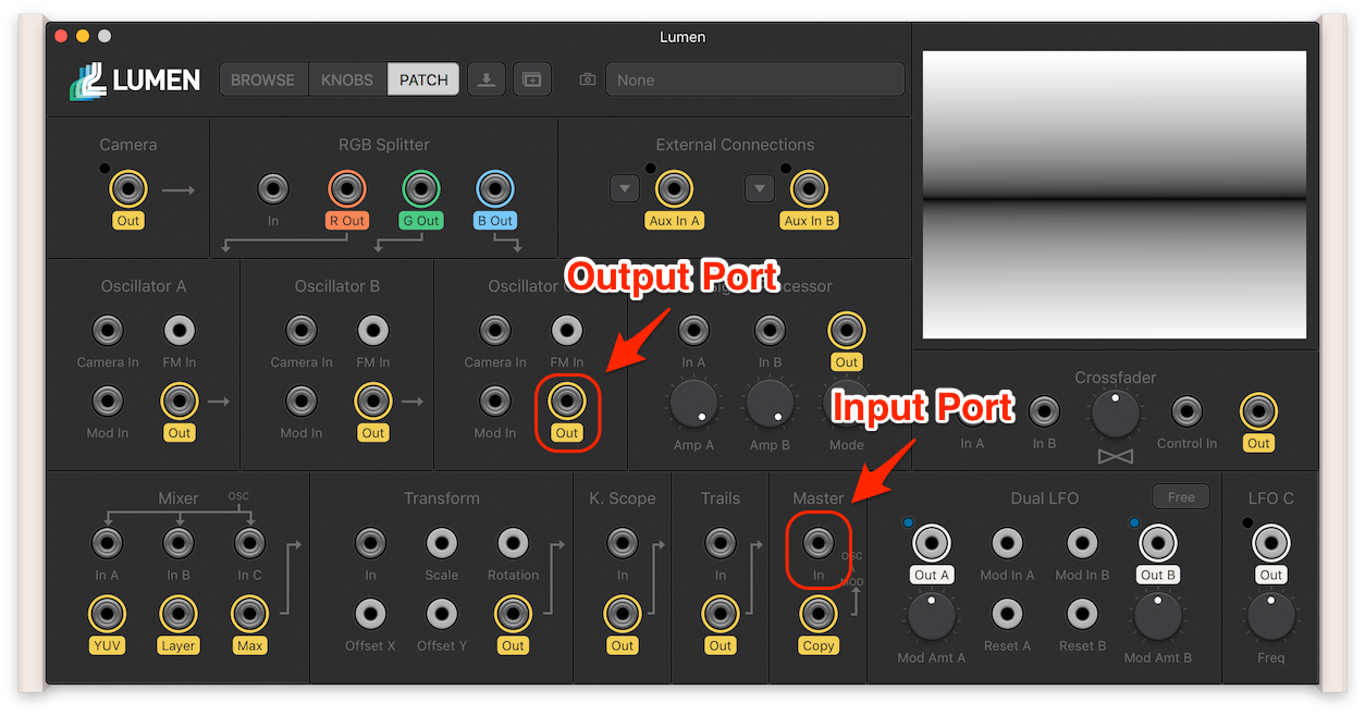 Patch Panel Screenshot Highlighting Input and Output Ports